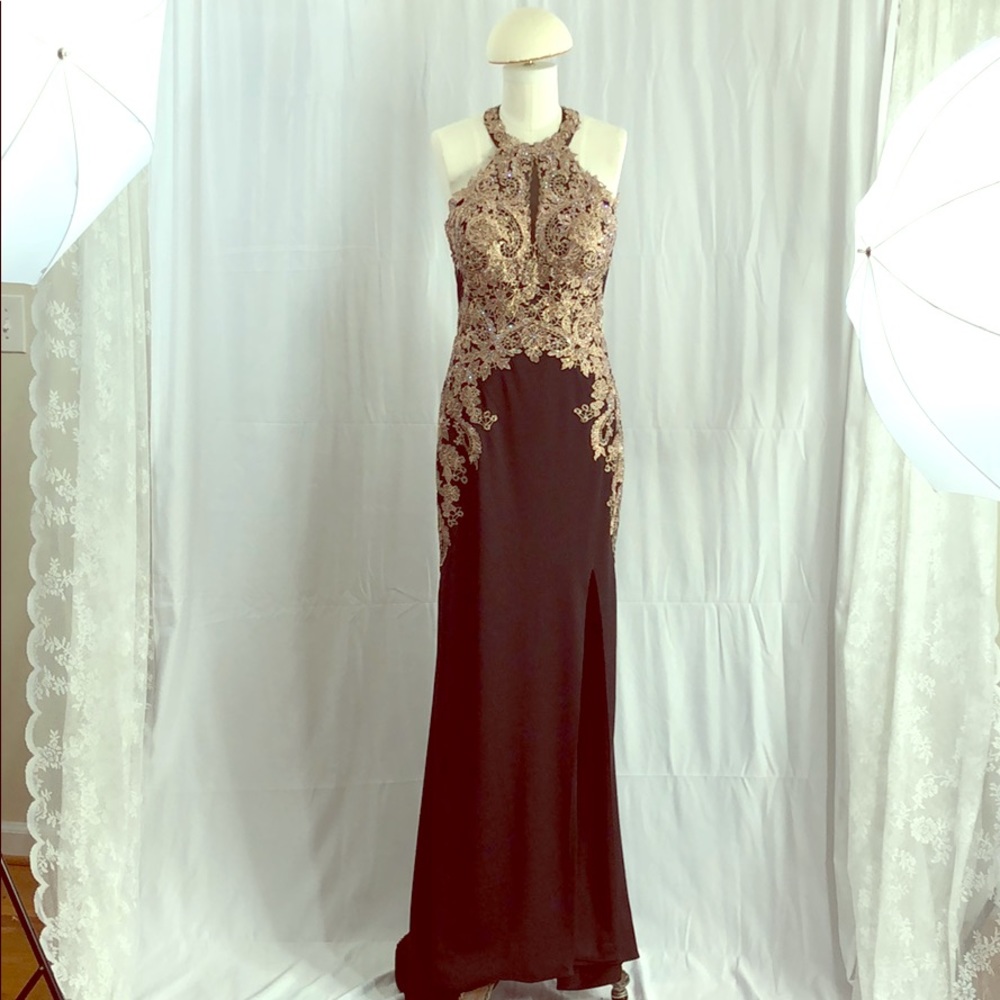 Gorgeous gold bedding black prom dress